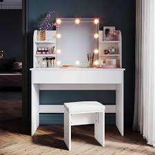 SONNI Sminkbord med LED-belysning och Pall - Vit